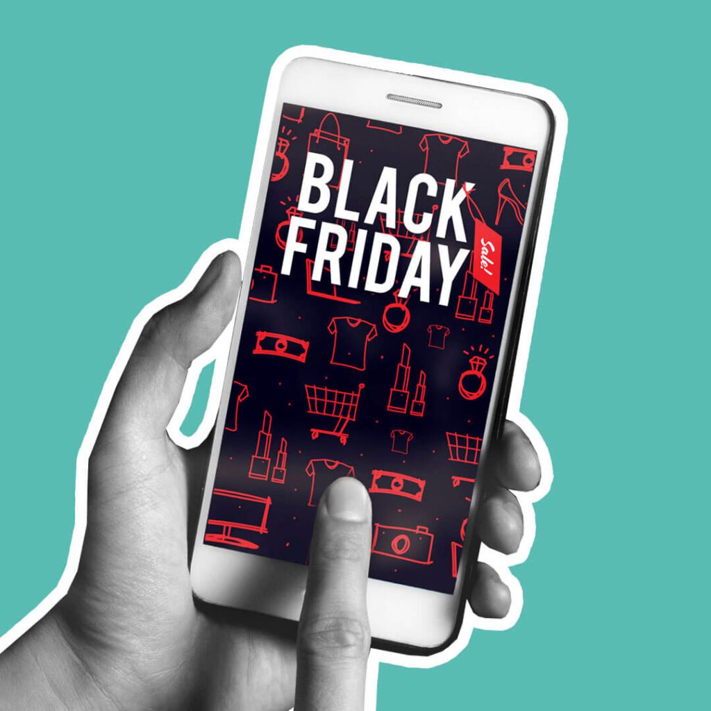 Black Friday markkinointikuva mobiililaitteen näytöllä.